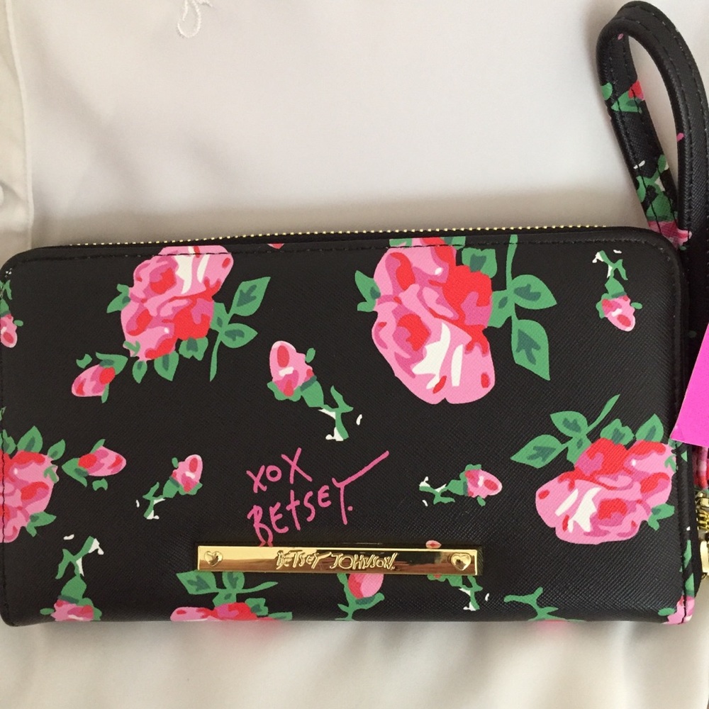 Betsey Johnson Wallet/Wristlet Black with Red Rose